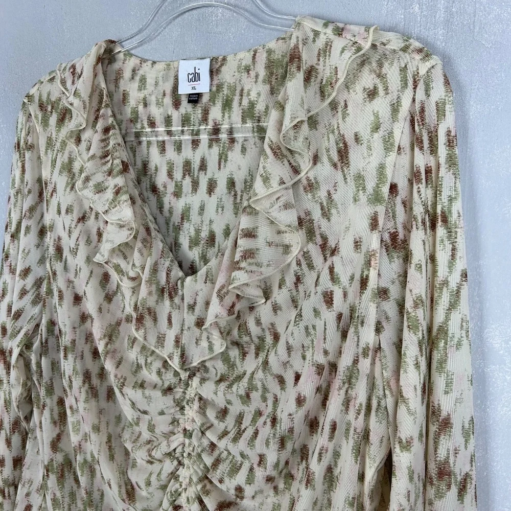 Cabi size XL Dapple top long sleeve ruched ruffle v-neck stretch mesh beige 4532 - Picture 8 of 14